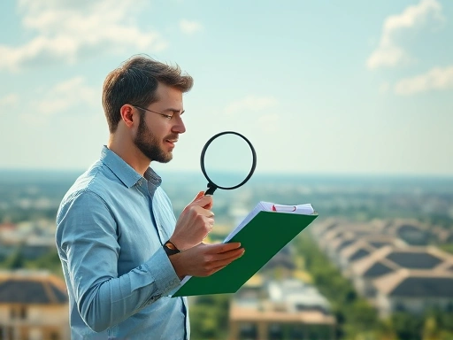 넓은 부동산 시장 풍경을 배경으로 한 손에 체크리스트와 돋보기를 들고 신중하게 시장을 분석하는 사람의 모습