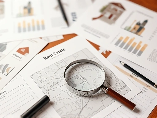 다양한 부동산 관련 서류와 그래프, 그리고 부동산 지도 위에 놓여진 돋보기 이미지