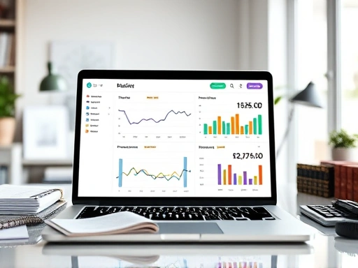 손으로 적힌 부동산 서류와 복잡한 계산기 대신, 깔끔하고 직관적인 디지털 대시보드가 노트북 화면에 떠 있는 모습