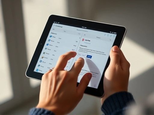 태블릿을 들고 있는 손이 클로즈업되어 있으며, 태블릿 화면에는 부동산 관리 앱의 핵심 기능인 임대료 추적, 비용 입력, 세입자 소통 창이 선명하게 보인다.