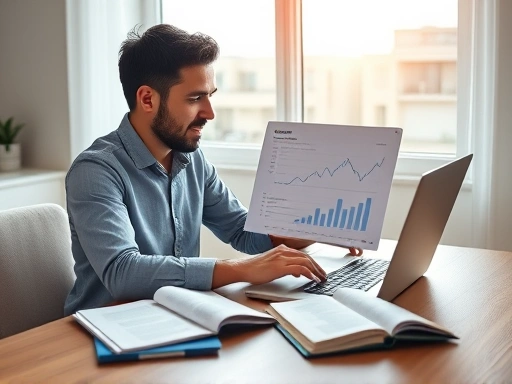 한 평범한 사람이 노트북 앞에서 부동산 시장의 차트와 데이터를 분석하는 모습