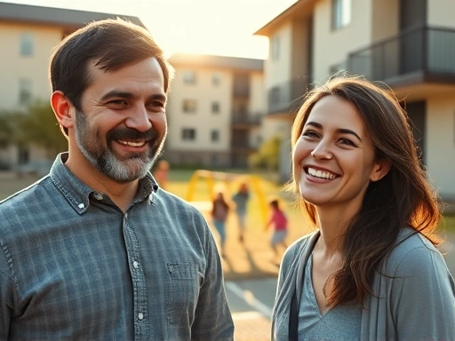 작은 아파트 단지 앞에서 한 부부가 환한 미소를 지으며 새로운 시작을 다짐하는 장면