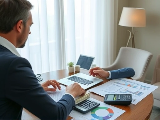 노트북 앞에 앉아 부동산 관련 그래프와 통계 자료를 진지하게 분석하는 30대 남성/여성의 모습