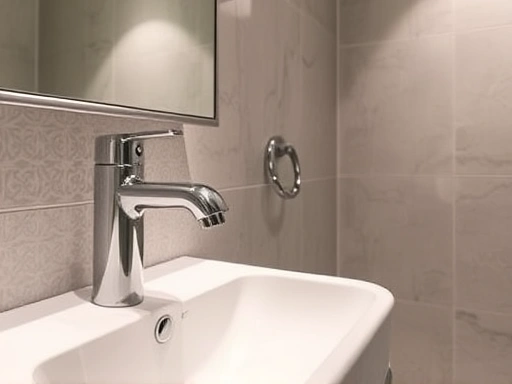 새로 교체된 욕실의 세련된 디자인과 고급스러운 타일 마감이 클로즈업되어 있습니다.