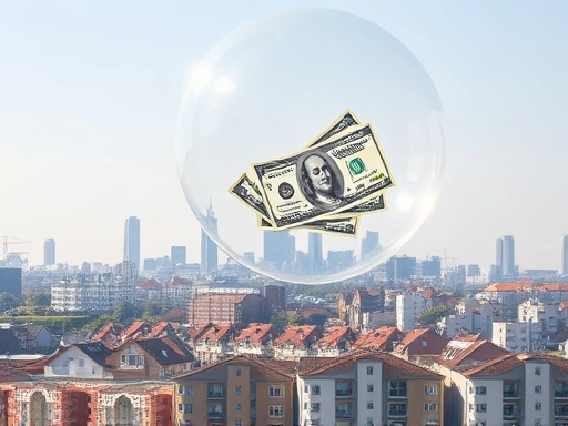 도시의 스카이라인에 주택들이 빼곡하게 들어서 있고, 그 위로 거대한 비눗방울이 떠다니는 모습