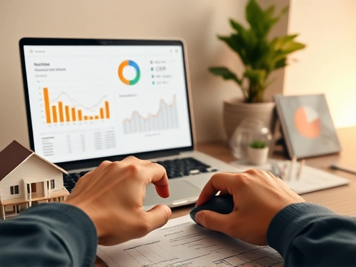 데이터 분석 그래프와 주택 모형이 놓인 책상.