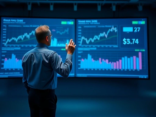 다양한 경제 지표 그래프와 차트가 펼쳐져 있는 대형 스크린 앞에 선 비즈니스 캐주얼 차림의 인물이 손으로 화면을 가리키며 진지하게 분석하는 모습