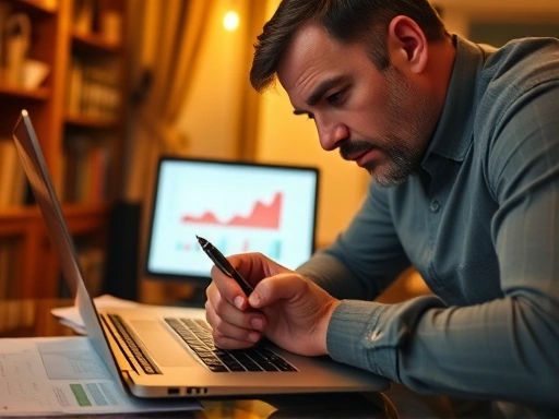 따뜻한 금색 조명이 비추는 서재에서 한 사람이 노트북을 앞에 두고 진지하게 부동산 관련 서류와 그래프를 분석하고 있다.