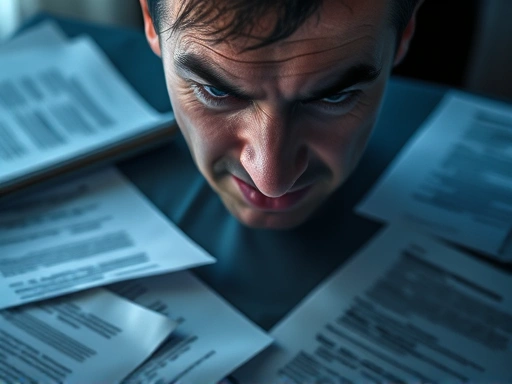 손상된 계약서와 서류들이 흐트러져 있는 테이블 위, 분노와 좌절감이 뒤섞인 표정으로 얼굴을 감싼 사람의 모습