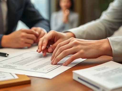두 손으로 계약서 내용을 꼼꼼히 살피는 변호사와 의뢰인의 모습