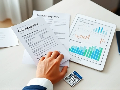 확대된 화면에서 한 손은 등기부등본, 건축물대장, 토지이용계획확인서 등 여러 부동산 관련 서류를 펼쳐 놓고 다른 손은 태블릿으로 부동산 시장 그래프를 분석하는 모습