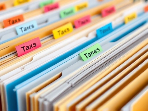 여러 세금 유형을 상징하는 다양한 색깔의 라벨이 붙은 파일들이 정돈되어 있는 모습