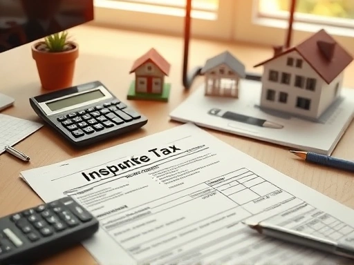 세금 관련 서류와 계산기, 그리고 부동산 관련 상징물이 함께 놓여 있는 책상 위 풍경.