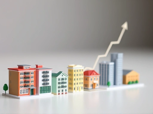 다양한 부동산 유형을 나타내는 미니어처 모형들(아파트, 오피스 빌딩, 토지 등)과 함께, 물가 상승률을 나타내는 그래프가 점진적으로 우상향하는 모습