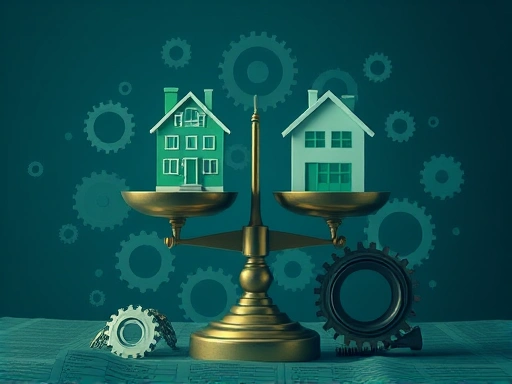 두 개의 저울이 부동산과 주식 아이콘을 각각 올리고 균형을 맞추려 애쓰는 모습