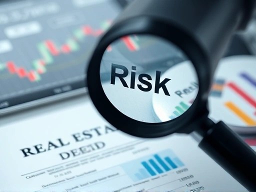 현미경 아래에서 부동산 등기부등본과 주식 차트가 각각 놓여 있고, 그 위로 돋보기가 위험 요소를 자세히 분석하는 듯한 클로즈업 장면