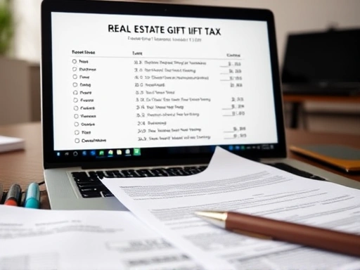 복잡한 부동산 증여세 계산 과정을 보여주는 노트북 화면에 초점을 맞추고, 그 옆에 세무 관련 서류와 펜이 놓여 있는 클로즈업 사진, 명확하고 밝은 조명으로 전문성과 정확성을 강조.