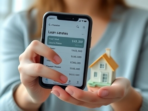 스마트폰으로 금융 앱을 통해 부동산 투자 상품을 비교하는 여성의 손 클로즈업.