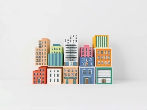 다양한 종류의 건물과 자산(아파트, 상업용 건물, 물류창고 등)이 작은 박스 형태로 모여 포트폴리오를 이루는 미니멀하고 추상적인 이미지
