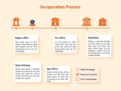 법인 설립 절차를 나타내는 다이어그램으로, 등기소, 세무서, 은행 등 주요 기관을 상징하는 아이콘들이 단계별로 연결되어 있습니다.