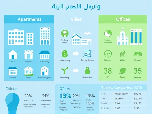 아파트, 빌라, 오피스텔 아이콘이 각각의 특성을 나타내는 차트 형식으로 깔끔하게 배열되어 있으며, 전반적으로 밝고 신뢰감 있는 파란색과 녹색 계열의 색상이 사용됨.