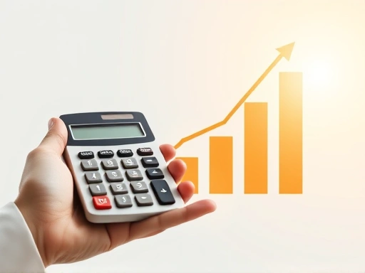 손에 들린 계산기와 상승하는 그래프가 보이는 이미지