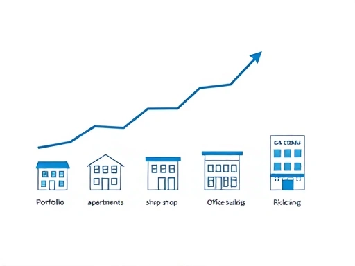 다양한 부동산 유형(아파트, 상가, 오피스텔 등)이 작은 아이콘 형태로 나열되어 있고, 그 위로 화살표가 위로 솟아오르는 이미지