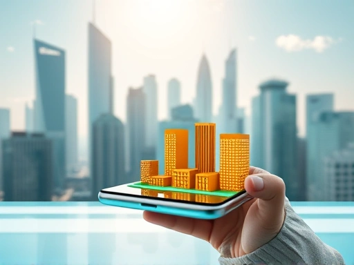 미래지향적인 도시 경관을 배경으로, 스마트폰 화면에 부동산 투자 그래프와 다양한 건물이 아이콘 형태로 표시된 이미지