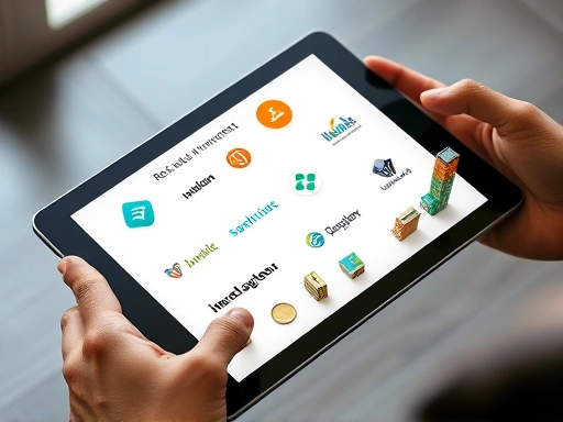 손 안에 들린 태블릿에서 다양한 부동산 투자 플랫폼의 로고와 정보가 깔끔한 인터페이스로 펼쳐져 있습니다.