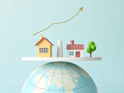 지구본 위에 다양한 부동산 유형을 상징하는 작은 아이콘들(집, 상가, 공장, 토지)이 균형 있게 배치되어 있고, 그 위로 투자 지표를 나타내는 상승하는 그래프가 은은하게 그려져 있습니다.