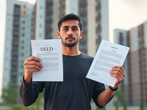 새로운 아파트 단지를 배경으로, 한 손에는 '분양권' 서류를 들고 다른 한 손으로는 '완공된 아파트'를 가리키며 고민하는 사람의 모습