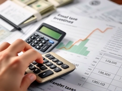 수익 그래프와 현금 다발이 놓인 테이블 위에서 계산기를 두드리며 양도세 계산을 하는 손의 클로즈업.