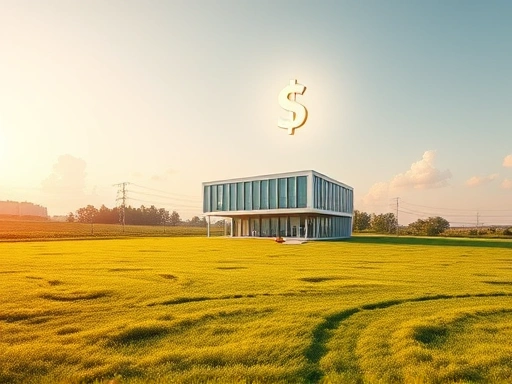 넓게 펼쳐진 푸른 초원 위 빈 땅에 현대적인 건물이 CG로 합성되어 있고, 그 건물 위로 밝게 빛나는 수익을 상징하는 아이콘이 떠 있는 모습