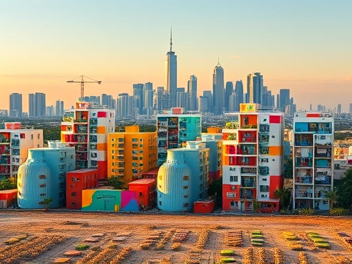 도시의 스카이라인을 배경으로, 빈 땅에 지어진 다채로운 상업용 및 주거용 건물들이 조화롭게 어우러져 있는 전경.