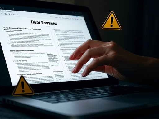 노트북 화면에 복잡한 부동산 서류(등기부등본, 건축물대장)가 클로즈업되어 있으며, 한 손이 그 서류들을 꼼꼼히 확인하고 있습니다.