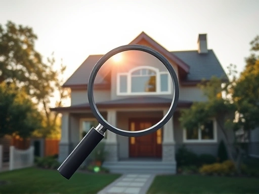 아늑한 느낌의 빌라 외관이 평화로운 주거 환경을 배경으로 서 있고, 그 위로 돋보기 아이콘이 투자의 기회를 탐색하는 듯한 시각적 스타일을 띠고 있습니다.