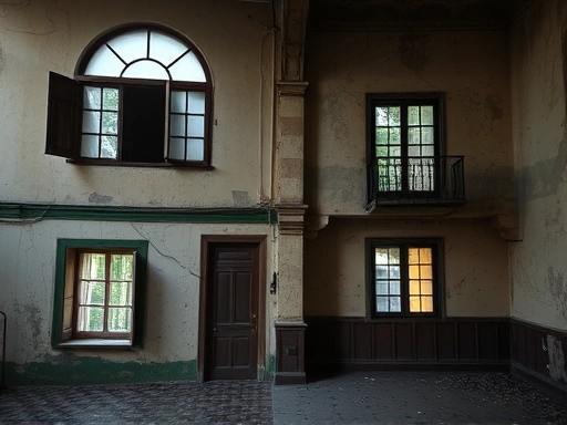 낡고 오래된 빌라의 외관과 내부를 보여주며, 지저분한 벽, 오래된 창문, 어두운 분위기