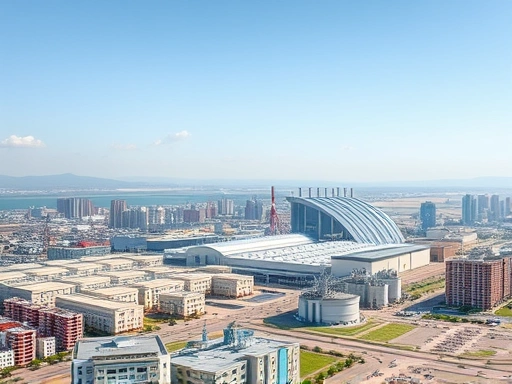 넓게 펼쳐진 활기찬 산업단지 전경과 그 주변에 아파트 단지 및 상업 지구가 조화롭게 어우러진 모습