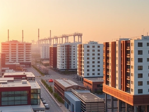 산업단지 인근의 번화한 상업 지구와 새로 지어진 주거용 건물들을 클로즈업한 장면