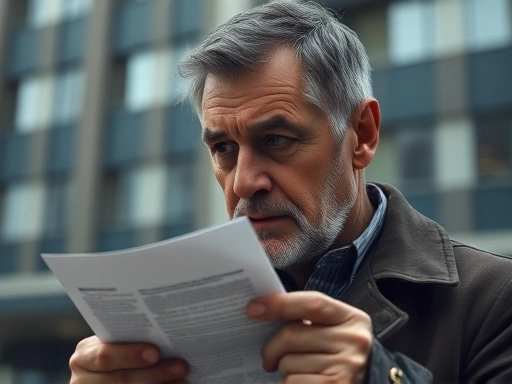 손에 계약서를 쥐고 깊은 고민에 빠져 있는 중년의 상가 임대인.