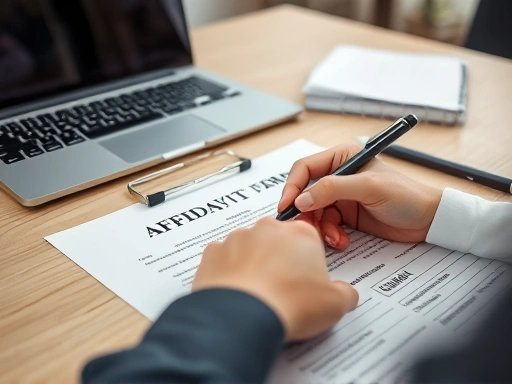 법률 서류와 펜, 그리고 노트북이 놓인 책상 위에서 손이 내용증명 양식을 작성하는 클로즈업 장면