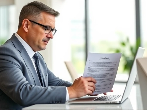 노트북 앞에 앉아 상가 임대차 계약서를 꼼꼼히 검토하는 진지한 모습