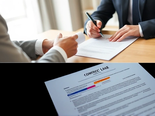 공인중개사와 임대인이 마주 앉아 상가 계약 조건을 논의하며 서류를 주고받는 클로즈업, 손에 펜을 쥔 모습