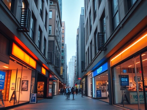 다양한 상가의 특징을 시각적으로 구분하여 보여주는 도시 상업 지구의 전경.