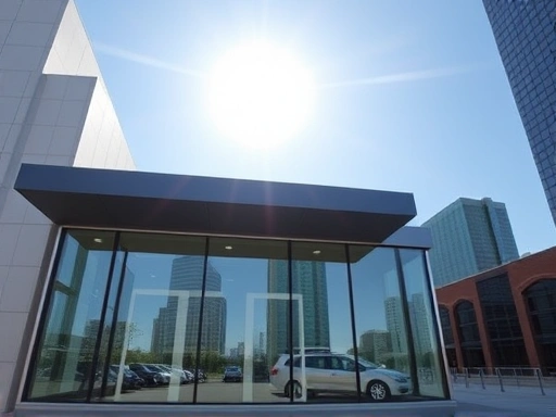 상가 건물의 정면이 보이는 깔끔하고 현대적인 건축물 이미지