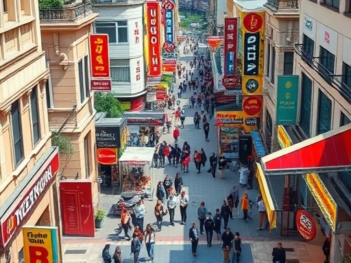 도시의 번화한 상업 지구를 위에서 내려다본 항공 사진.