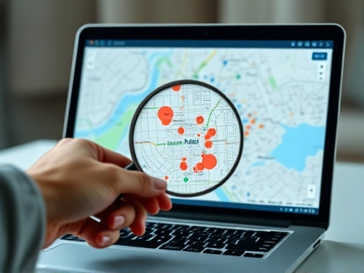 노트북으로 상권 분석 지도를 확대하여 살펴보는 손.