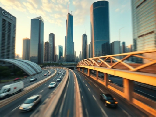 고층 빌딩과 함께 새로 건설된 도로, 교량 등이 조화를 이루는 현대 도시의 클로즈업 전경.