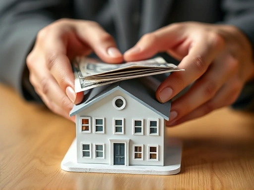 정교한 손들이 작은 건물의 모형 위에 돈과 서류를 조심스럽게 놓는 클로즈업 사진.