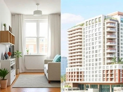 햇살이 비치는 깔끔한 소형 아파트 내부와 웅장한 대형 아파트 단지의 전경이 나란히 대비되는 장면